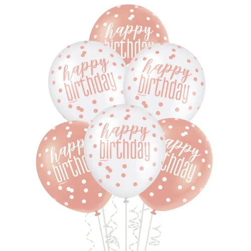 Rose Gold & White Happy Birthday Balloons (Pack of 6)