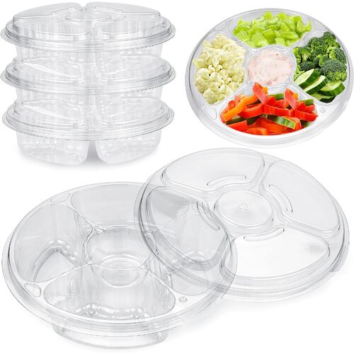 Clear 10 Inch 6 Compartment Round Platter with Lid set