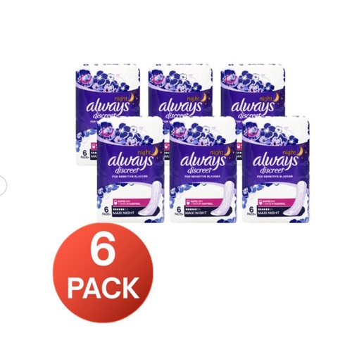 Always Discreet Pads Maxi Night Pk6 (6 Pack, 36 Pads)