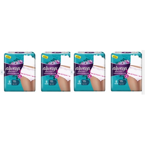 Always Discreet Incontinence Underwear Pant Plus Large 8 Pack x 4