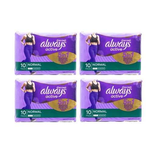 4 x 10PK Always Pads Discreet 5 In 1 Breathable Instant Dry Odour Lock Active Normal  (40 PADS)CTN