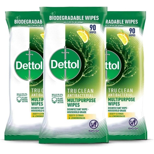 CTN 3 x Dettol Tru Clean Wipes Zesty Citrus & Lemongrass 90pk