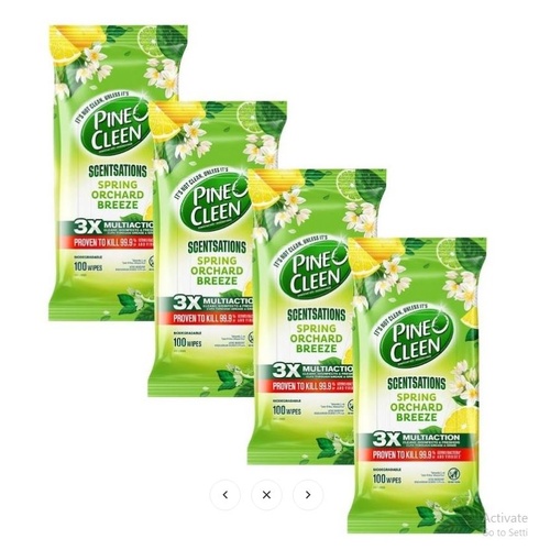 4 x Pine O Cleen Disinfectant Wipes Spring Orchard Breeze PK100 
