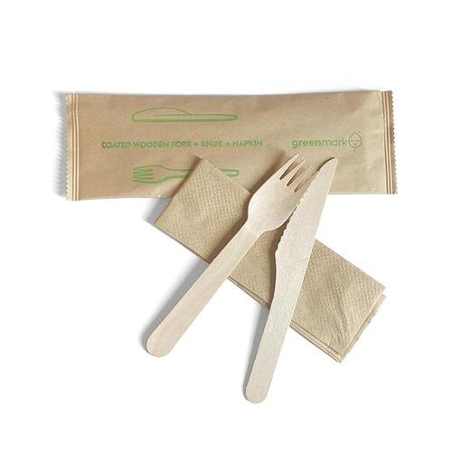 Wooden Cutlery Pack 400pk/CTN Knive, Fork & Kraft Napkin