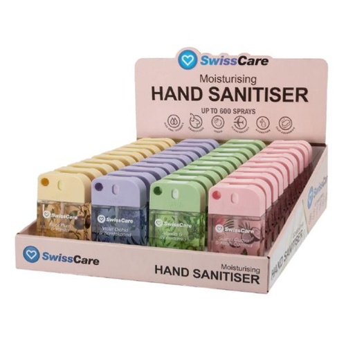 CARTON 40 x Swisscare Moisturising Mist Hand Sanitiser With Silicone Case With Hanging Clip 45ml