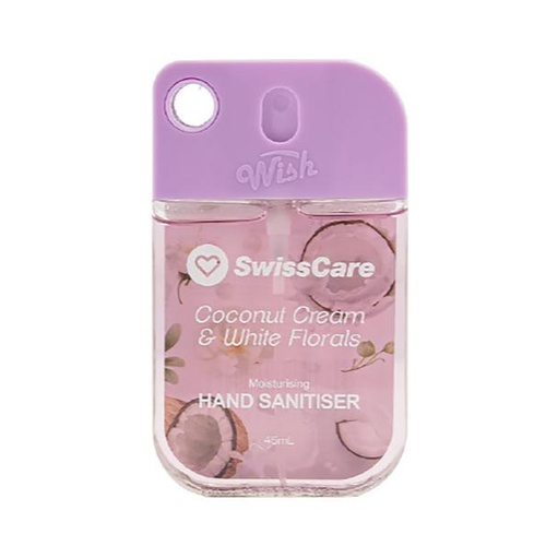 Swisscare Moisturising Hand Sanitiser With Silicone Case 45ml With Hanging Clip [Scent: Coconut Cream & White Floral]