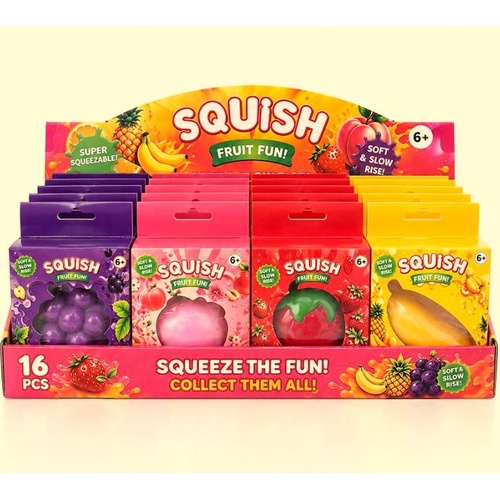 CTN 12 x Squishy Squeeze - Fruit Series - Assorted Strawberry, Grape, Peach, Banana - Sizes Vary 7cm -10cm Height