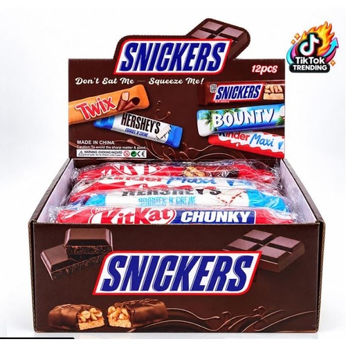 CTN 12 x Squishy Squeeze - Snickers Chocolate Bar Range - 5cm x 20cm - 8 Assorted - PU Foam