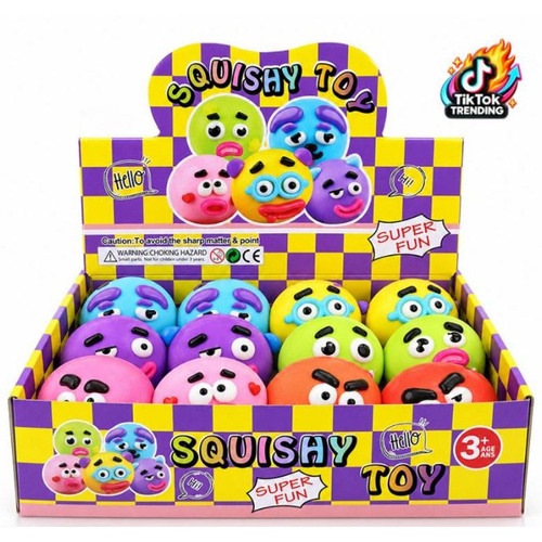 CTN 12 x Squishy Squeeze - Stress Ball Funny Faces - 8cm - Assorted Designs - PU Foam