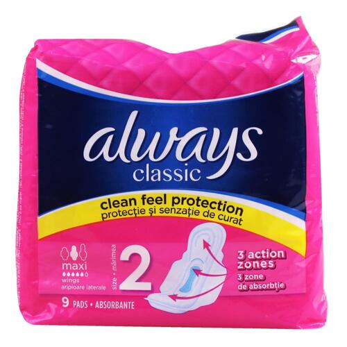 Always Classic Maxi Size 2 Sanitary Pads With Wings 9pk