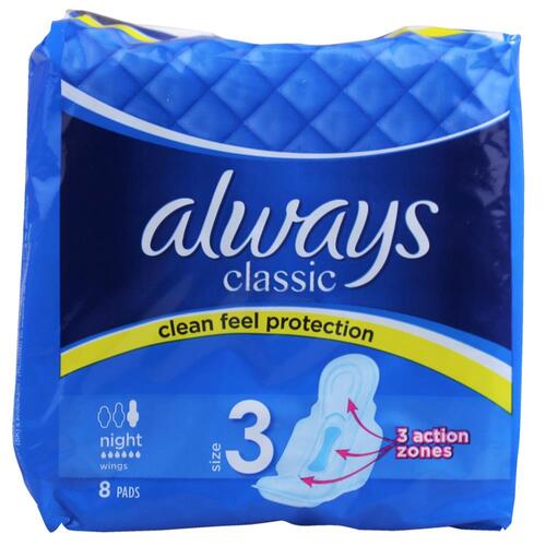 Always Sanitary Pads Size 3 Classic Night Wings PK8