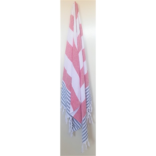 100% Cotton Turkish Towels 100cm x 180cm - Pink, Blue and White Stripe
