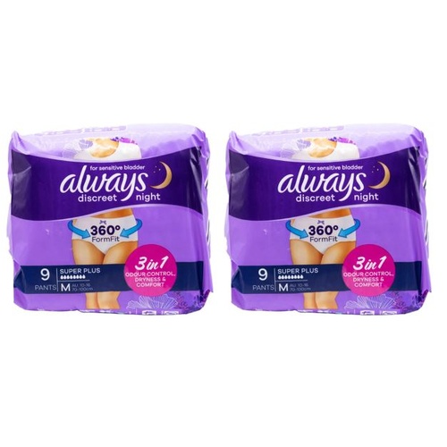 Always Discreet Incontinence Underware Super Plus Medium 18 Pants ( 2 x 9 Pack)