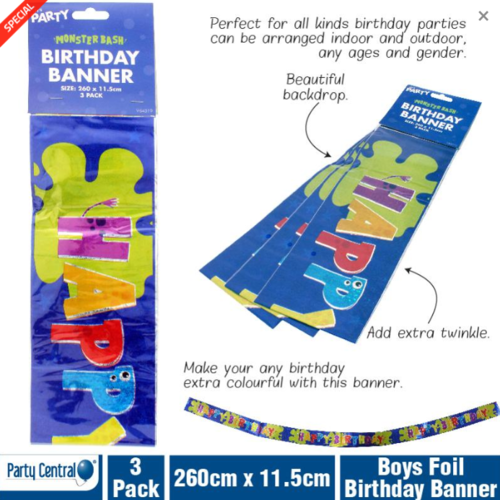Birthday Banners Monster Bash Foil 2.6m x 11.5cm 3pk