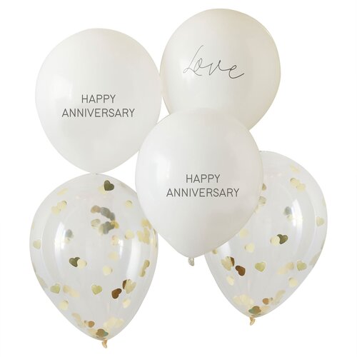 Anniversary Balloon Bundle Happy Anniversary & Heart Confetti White & Gold