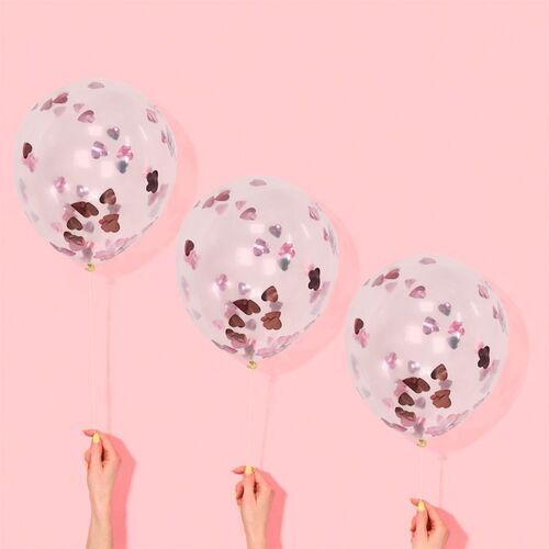 5 HEART SHAPED ROSE GOLD CONFETTI BALLOONS 12"