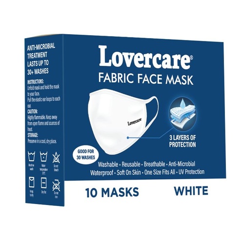 Lovercare 3 Layer Reusable Fabric Face Mask White 10pc