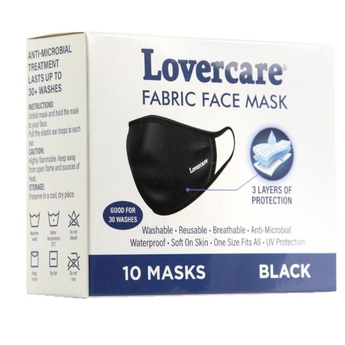 10pc Lovercare 3 Layer Reusable Fabric Face Mask Black