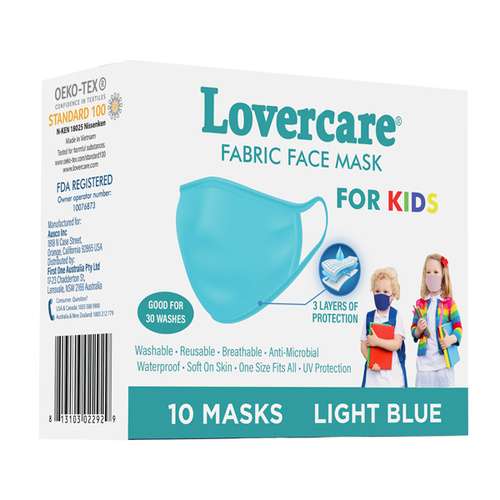 Lovercare Kids Fabric Face Mask Light Blue Reusable 3 Layers 10pc