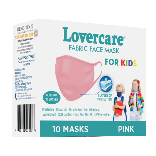 Lovercare Kids Fabric Face Mask Pink Reusable 3 Layers 10pc