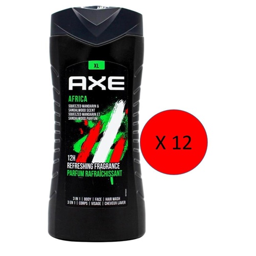 12 x Axe Africa 3in1 Body Face Hair Wash 400ml For Men Mandarin & Sandalwood Scent