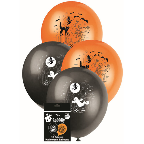  Halloween Printed Balloons Orange & Black 10 Pack