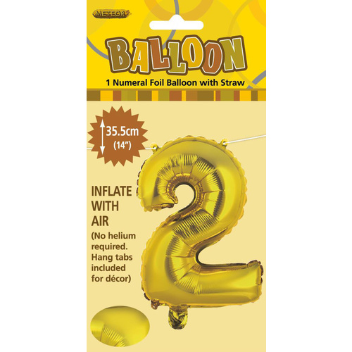 Gold Air Filled Number 2 35.5cm (14”) Foil Balloon