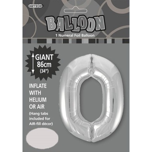 34" Silver  Number 0 Foil Balloon 86cm