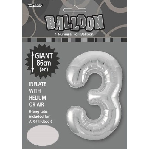34" Silver Number 3 Foil Balloon 86cm