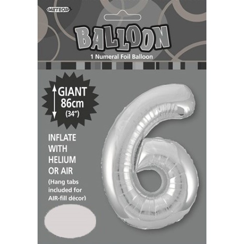 34" Silver  Number 6 Foil Balloon 86cm