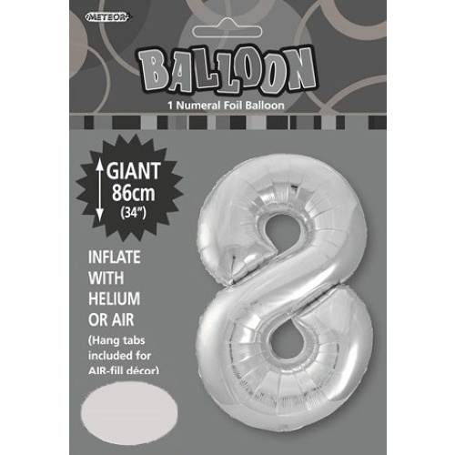 34" Silver  Number 8 Foil Balloon 86cm