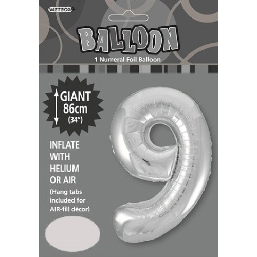 34" Silver  Number 9 Foil Balloon 86cm
