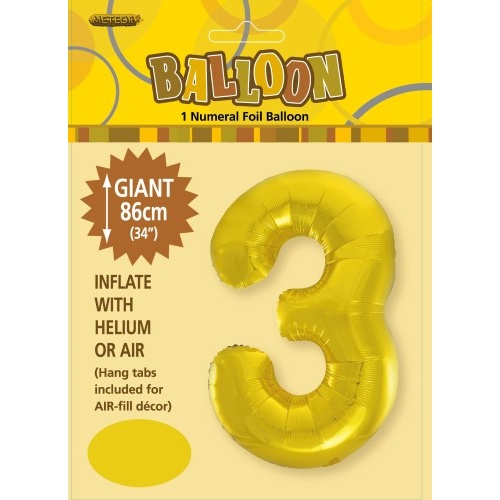 34" Gold Number 3 Foil Balloon 86cm