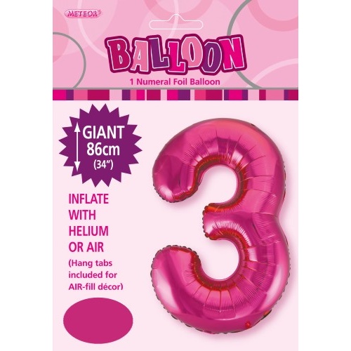 34" Hot Pink Number 3 Foil Balloon 86cm