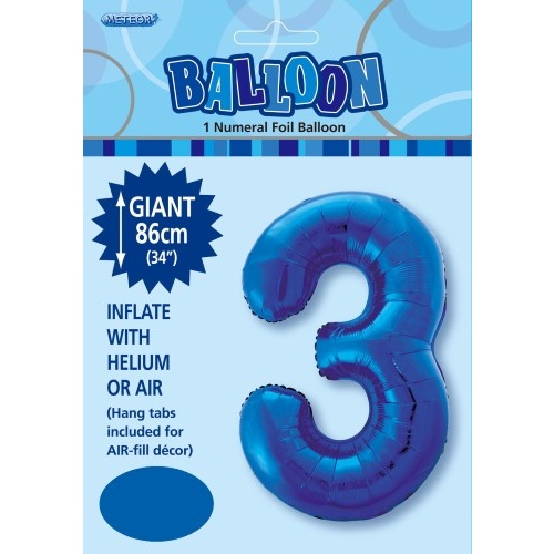 34" Number 3 Royal Blue Foil Balloon 86cm