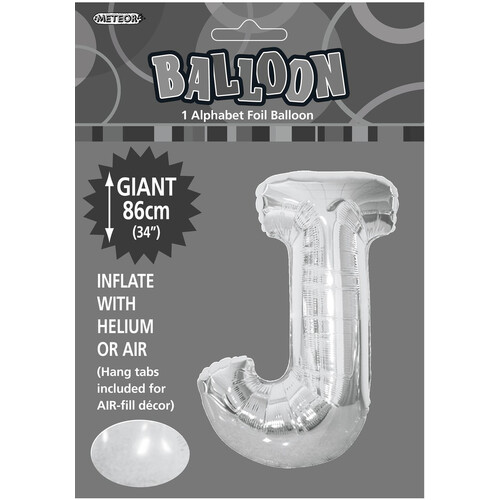 Silver "J" Alphabet Foil Balloon 86cm (34")