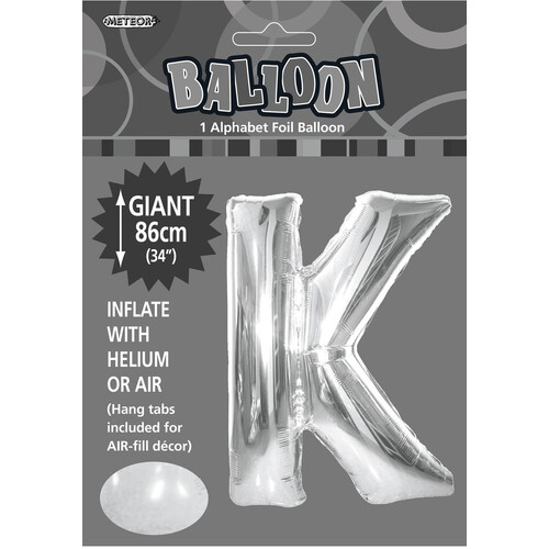 Silver "K" Alphabet Foil Balloon 86cm (34")
