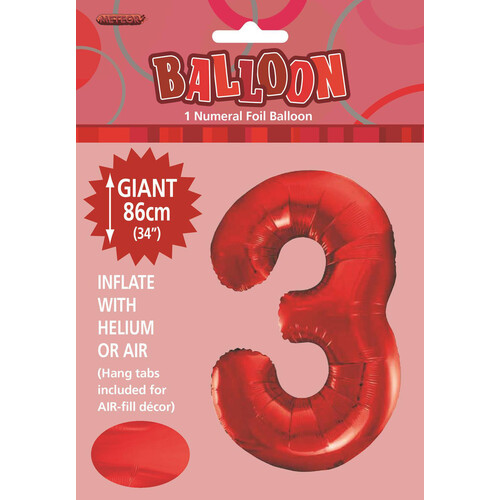 34" Red Number 3 Foil Balloon 86cm