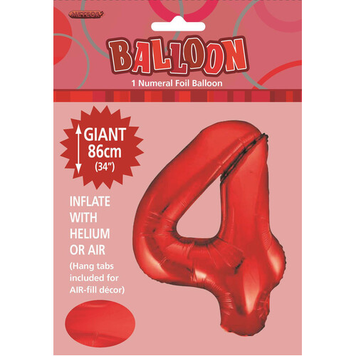 34" Red Number 4 Foil Balloon 86cm