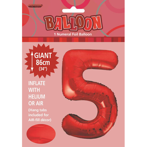 34" Red Number 5 Foil Balloon 86cm