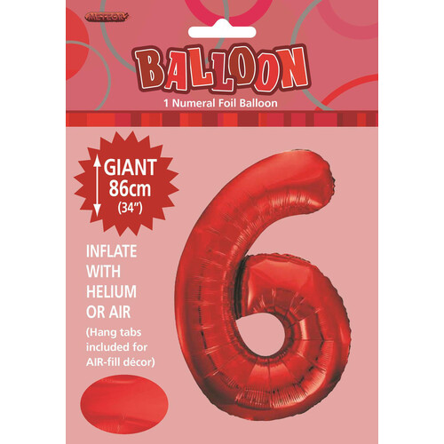 34" Red Number 6 Foil Balloon 86cm