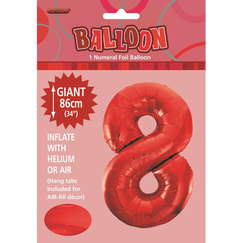 34" Red Number 8 Foil Balloon 86cm