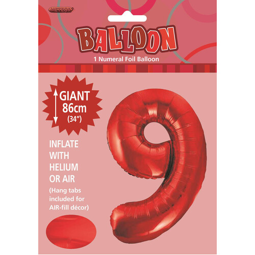 34" Red Number 9 Foil Balloon 86cm