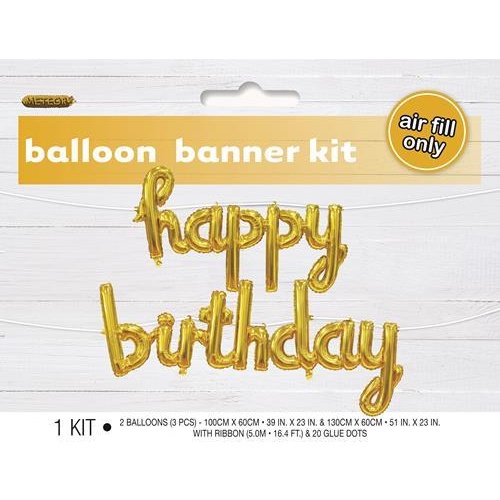Happy Birthday Gold Balloon Banner With Ribbon