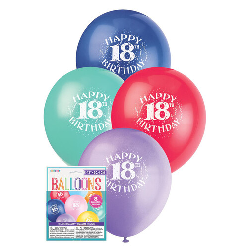 18th Happy Birthday Printed Balloons 30cm 8PK