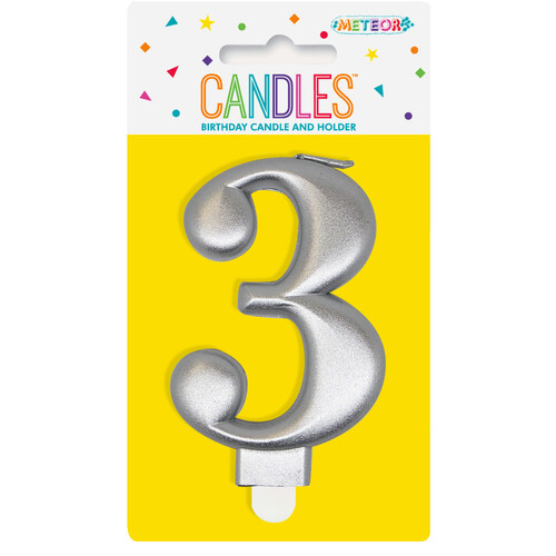 Numeral Candle 3 - Metallic Silver 8cm