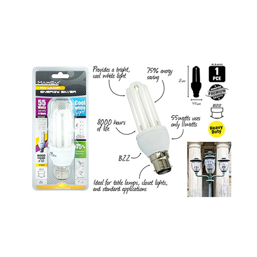 Maxem Power Lamp Energy Saver Light Bulb Cool White 55W/11W B22 Bayonet