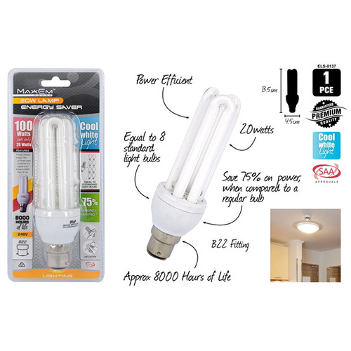 Maxem Power Lamp Energy Saver Light Bulb Cool White 100W/20W B22 Bayonet