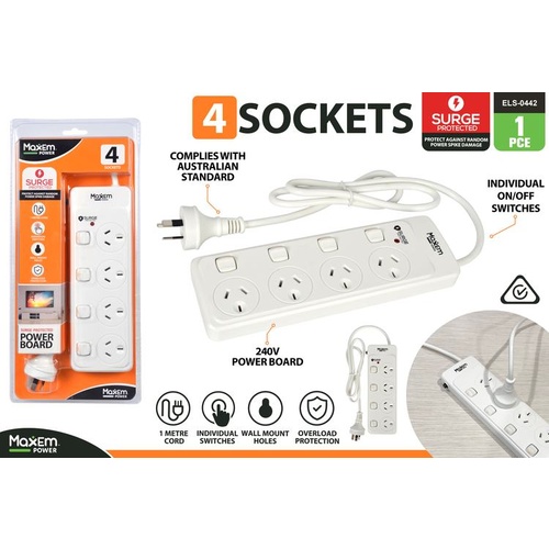 1pce 4 Way Powerboard with 4 Switches Surge Protected