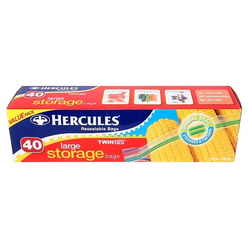 Hercules Storage Bags Resealable Twin Zip Large 40pk 27cm x 33cm